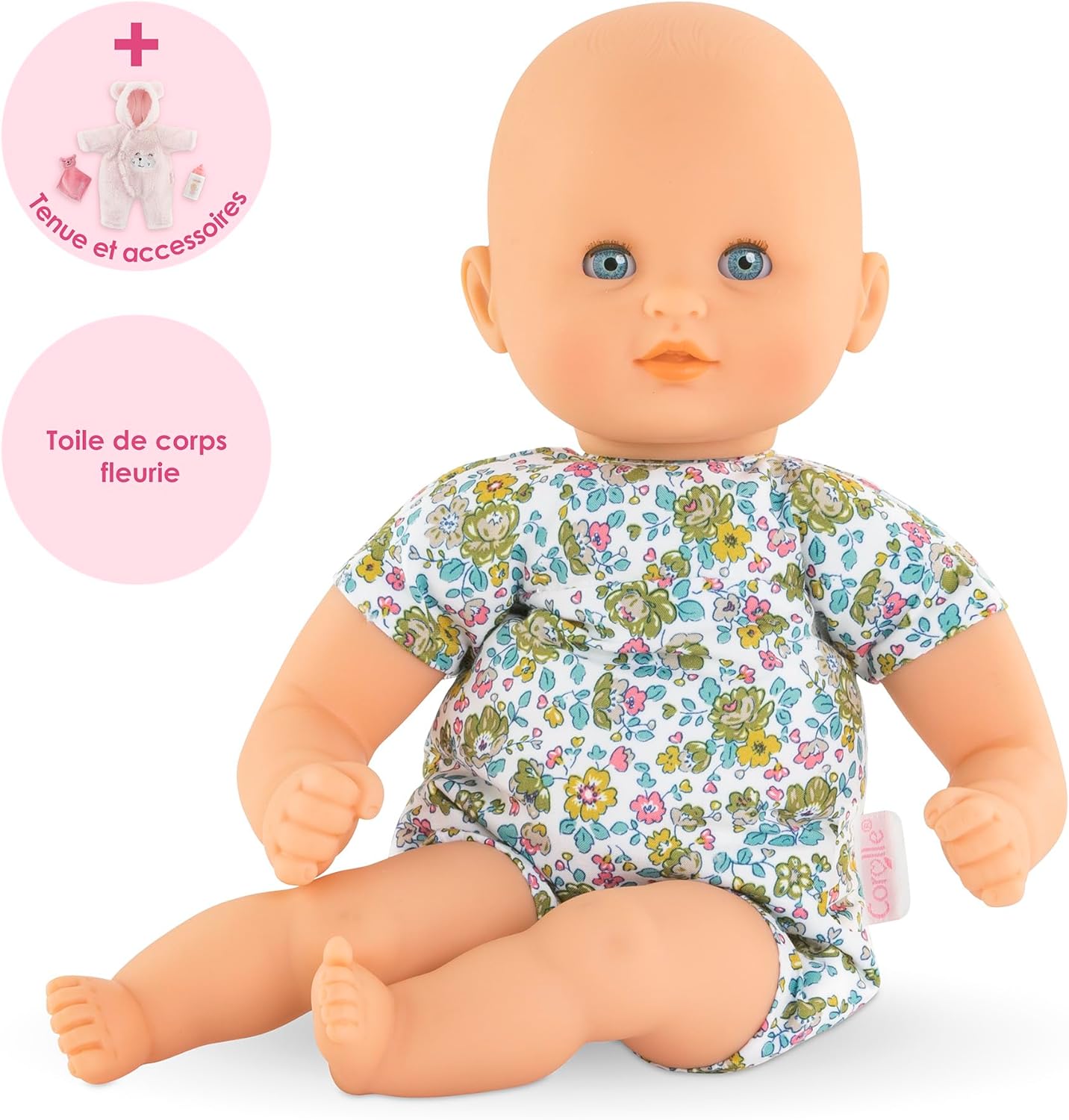 Corolle Mon Premier Poupon Calin Teddybär, Weichkörperpuppe mit Schlafaugen, Teddy-Onesie abnehmbar, Flasche und Schnuffeltuch, Vanilleduft, 30cm, ab 18 Monate