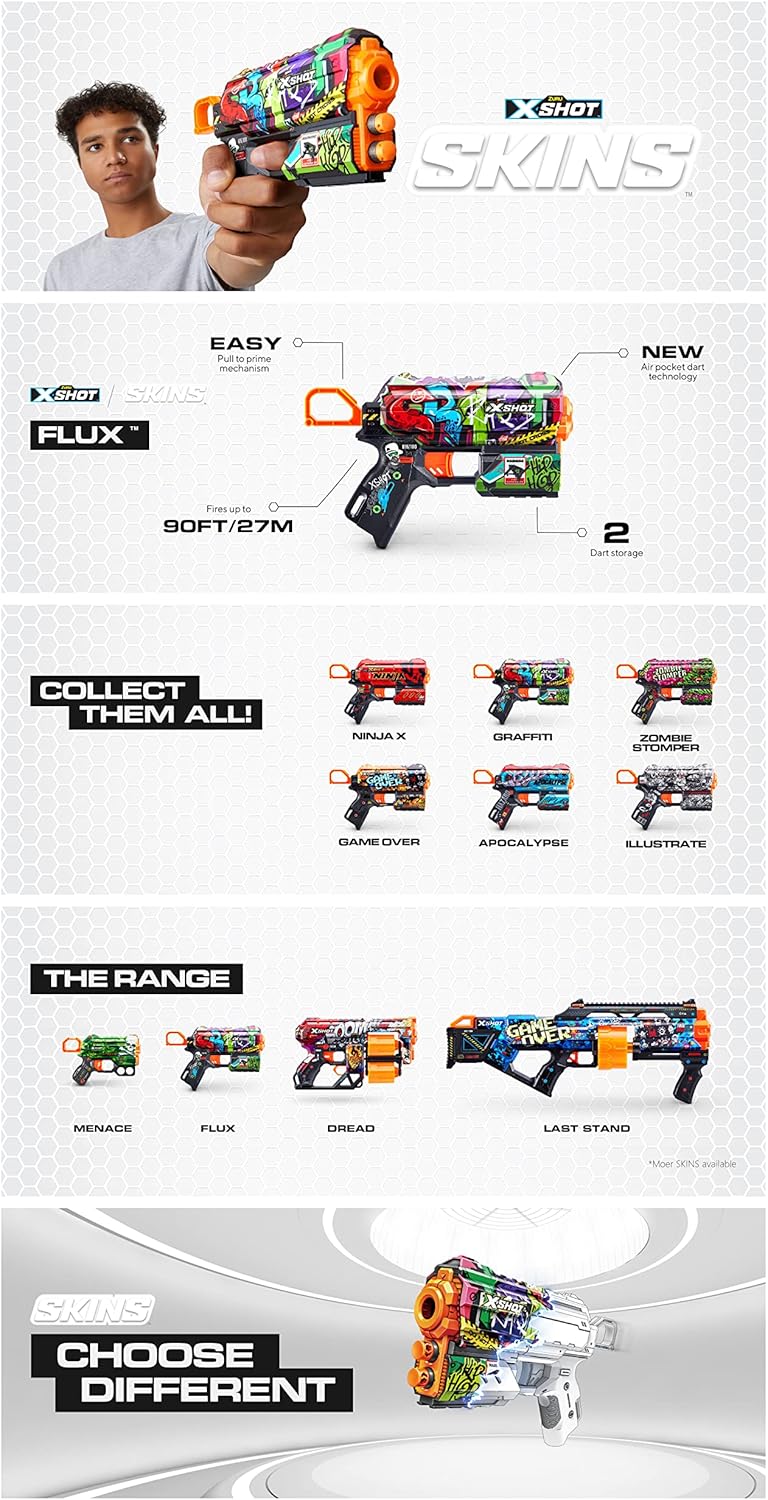 ZURU - XSHOT - Skins - Flow - Foam pijlpistool - Geleverd met 8 pijlen - Ruim kleur - Schiet tot 27 meter - 36516