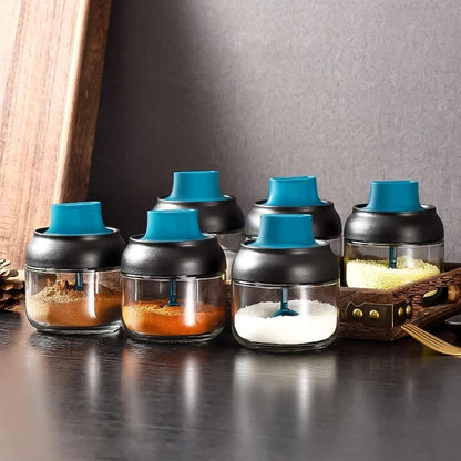 Houjiiloll TLP kruidenrek, glazen kruidendoos lepel en deksel geïntegreerde kruidenpot combinatie kruidenpot keukenbenodigdheden thuis zoutvaatje oliefles set (kleur: zwart, maat: 1 stuk) 1PC Zwart