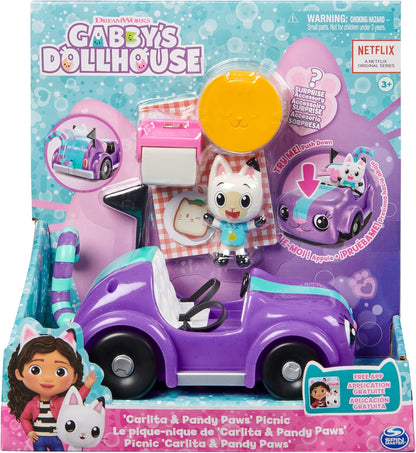 Gabby's Dollhouse 6062145, Carlita Car with Pandy Paws Collectible Figure and 2 Accessories, Magical Musical Cat Ears with Lights, Music, Sounds and Phrases