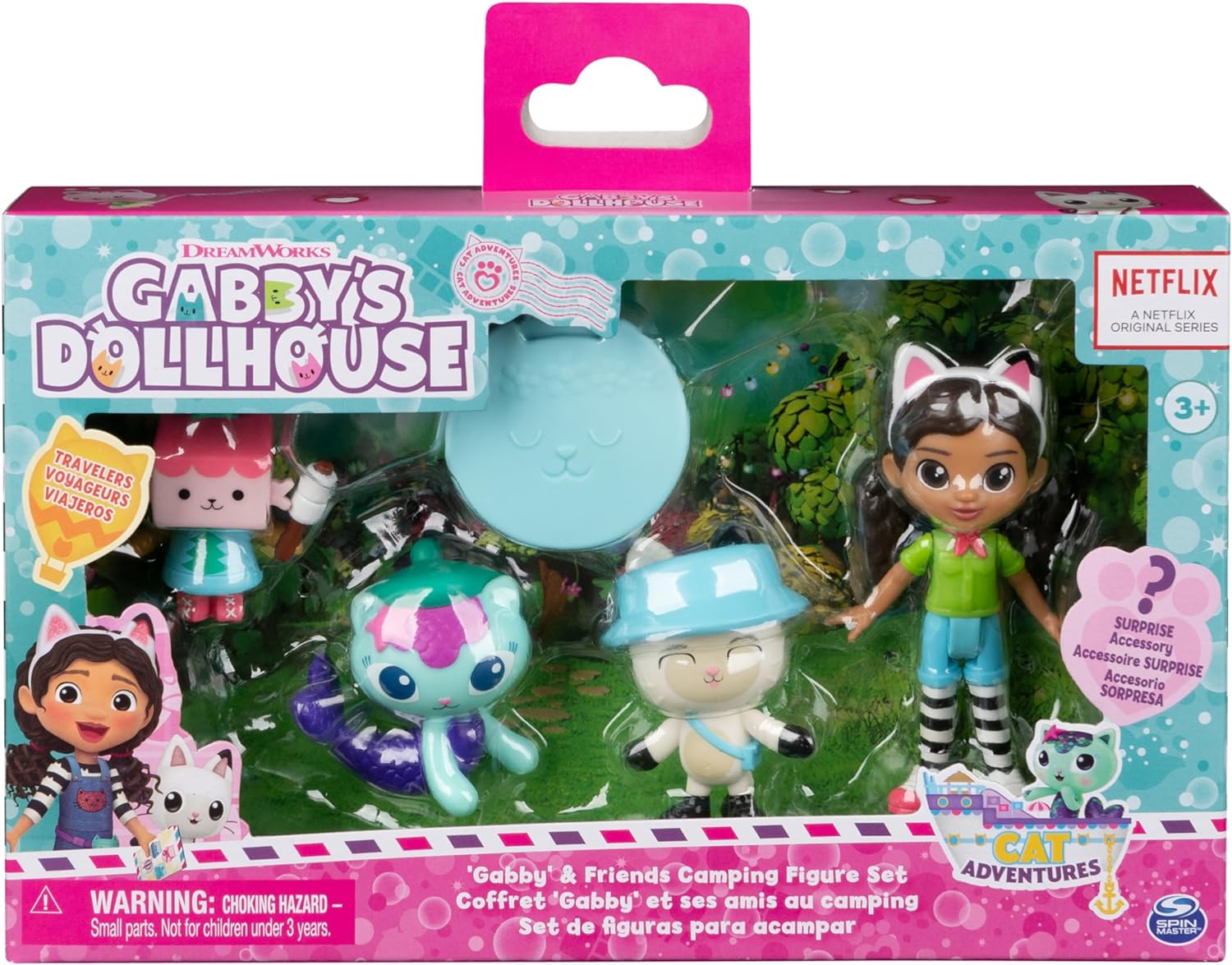 Gabby's Dollhouse 6067225 DreamWorks, kampvuur-cadeauset met Gabby, panda, panda, babybox- en zeekatjesspeelgoedfiguren, speelgoed om te verzamelen, voor meisjes en jongens
