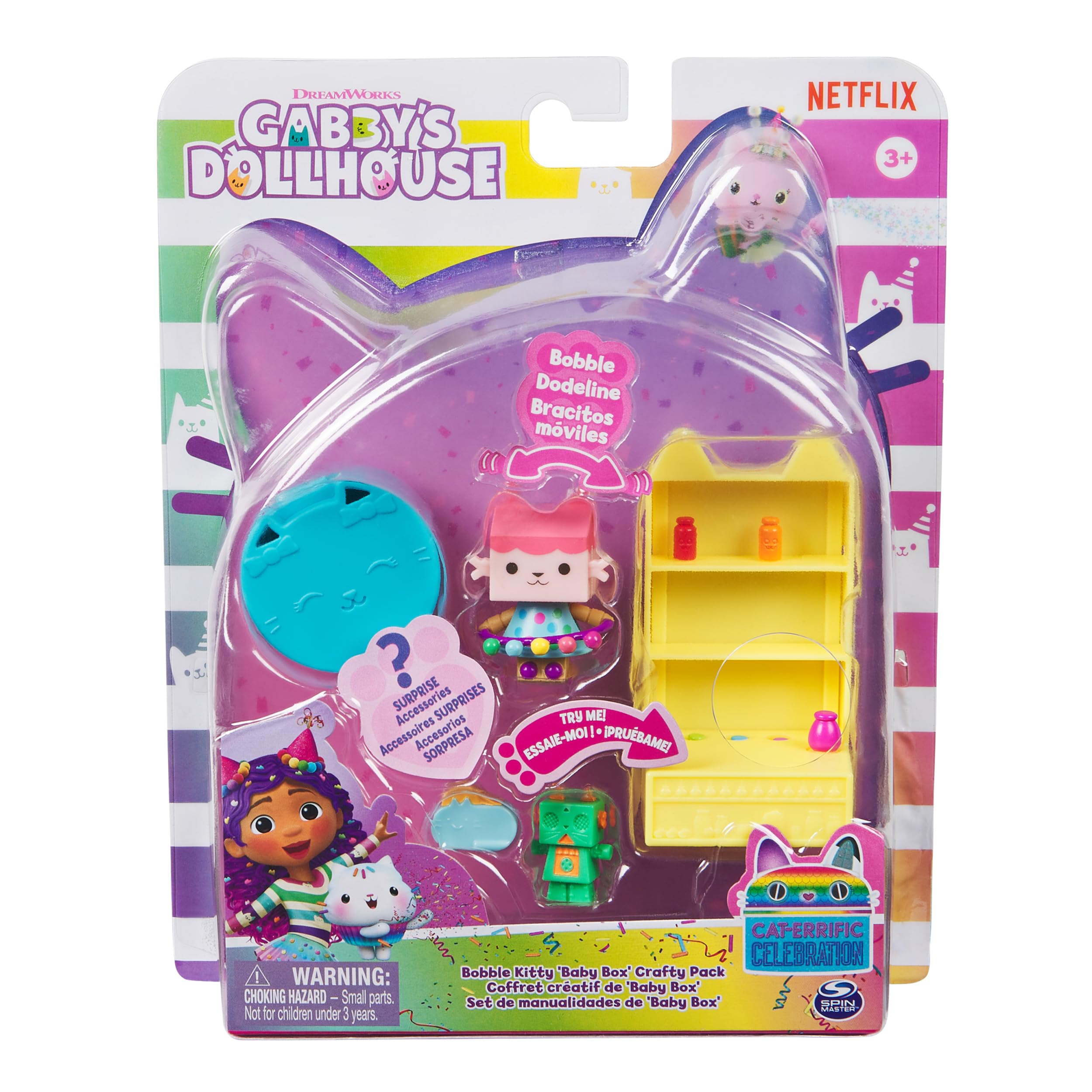 Gabby’s Dollhouse, Celebration Series Baby Box Cat Bobble Figure with Dollhouse Furniture and Accessories, Kids’ Toys for Girls & Boys Aged 3 and Up