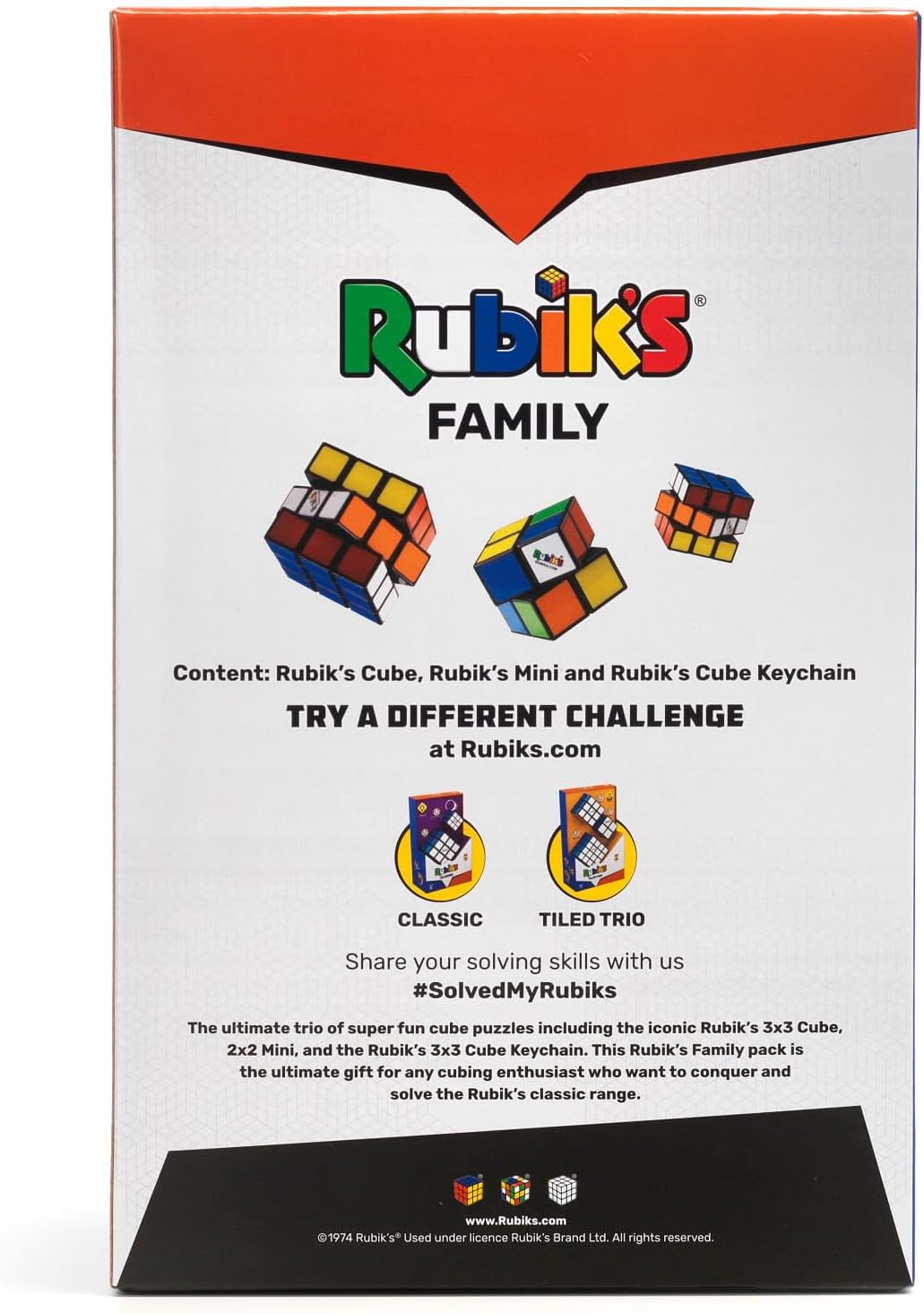 Rubik’s Cube Family Pack, Original 3x3 Cube, 2x2 Cube and 3x3 Keyring Cube, Complete Pack of 3