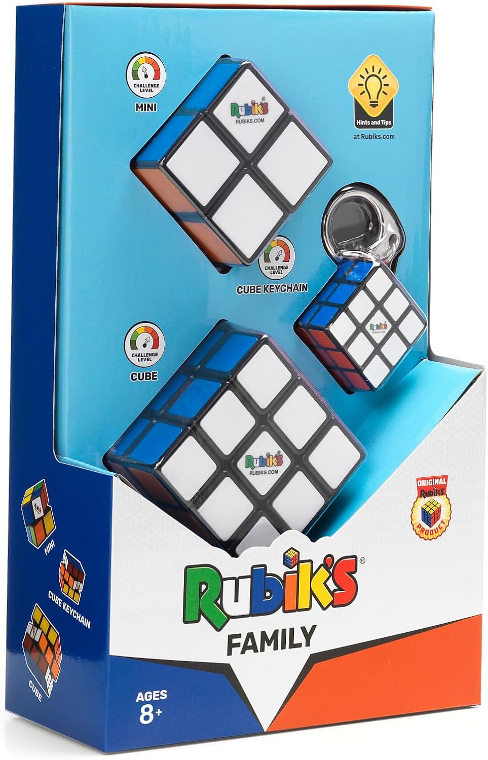 Rubik’s Cube Family Pack, Original 3x3 Cube, 2x2 Cube and 3x3 Keyring Cube, Complete Pack of 3