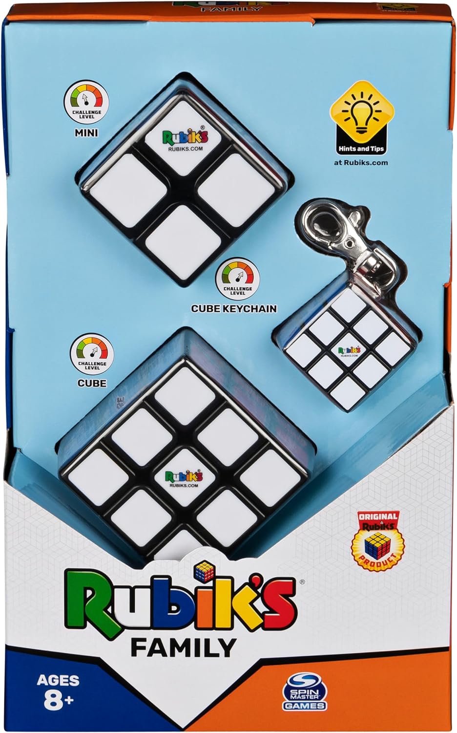 Rubik’s Cube Family Pack, Original 3x3 Cube, 2x2 Cube and 3x3 Keyring Cube, Complete Pack of 3