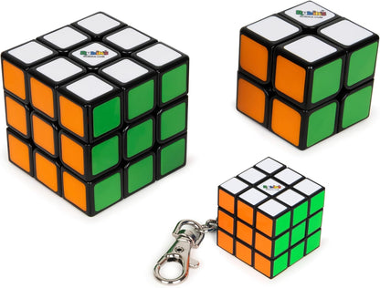 Rubik’s Cube Family Pack, Original 3x3 Cube, 2x2 Cube and 3x3 Keyring Cube, Complete Pack of 3