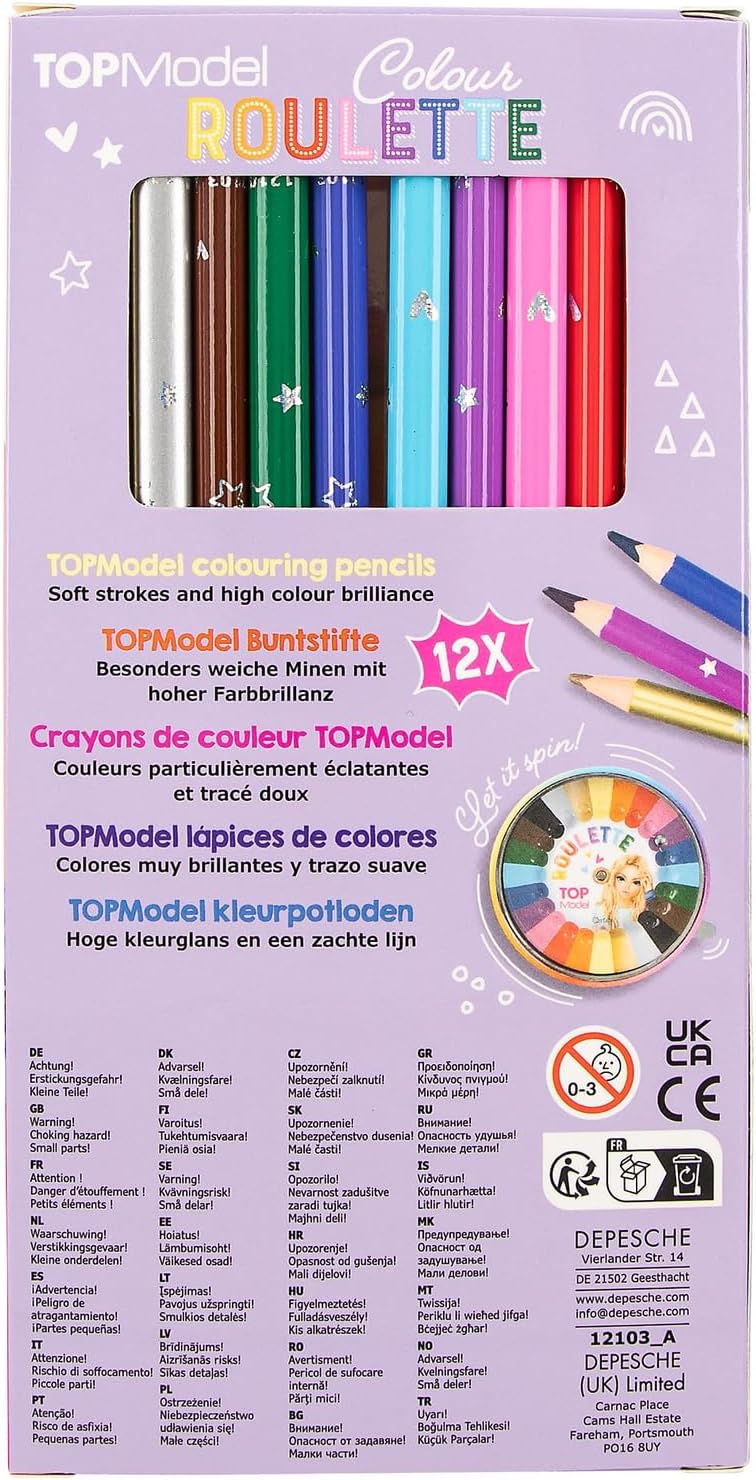 Depesche 12103 TOPModel Colour Roulette - Malspiel mit 12 dünnen Buntstiften und einem Farb-Roulette mit Kugel zur Wahl der nächsten Farbe