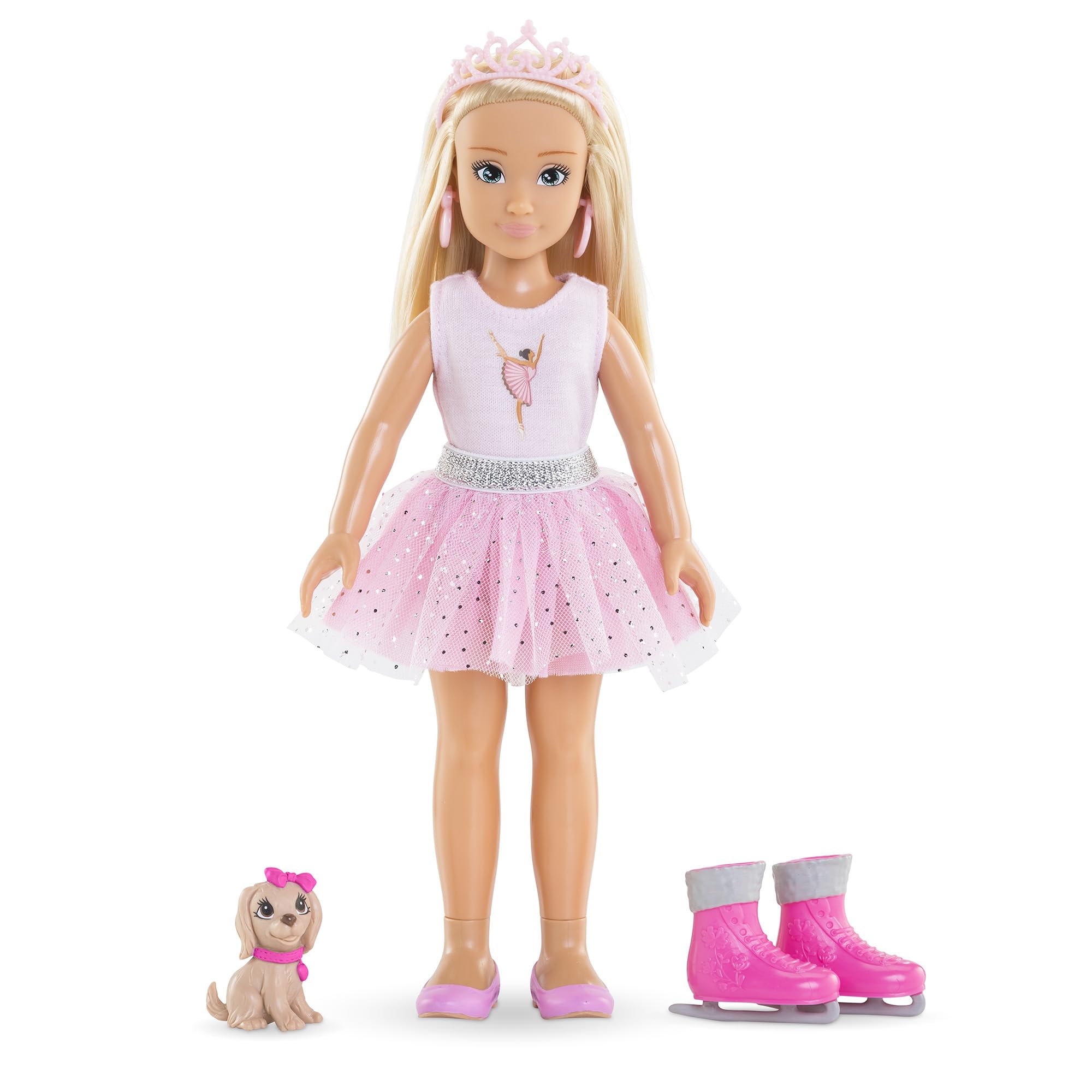 Corolle Girls Valentine Ballerina Set, Ankleidepuppe mit Hund, Krönchen, Ohrringe, extra Schlittschuhe, Vanilleduft, 28cm, ab 4 Jahren