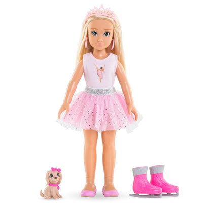 Corolle Girls Valentine Ballerina Set, Ankleidepuppe mit Hund, Krönchen, Ohrringe, extra Schlittschuhe, Vanilleduft, 28cm, ab 4 Jahren