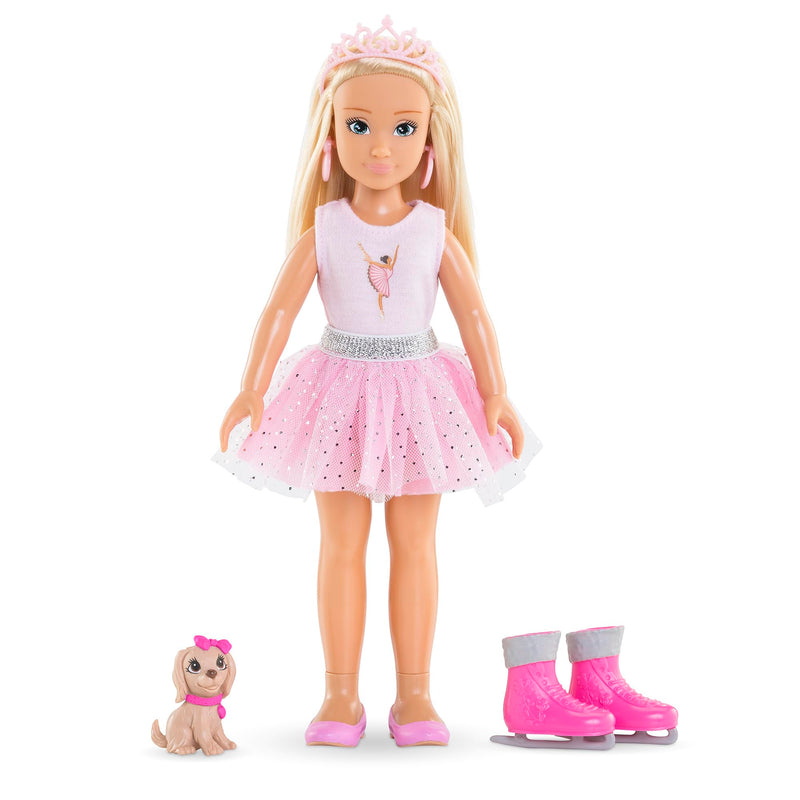 Corolle Girls Valentine Ballerina Set, Ankleidepuppe mit Hund, Krönchen, Ohrringe, extra Schlittschuhe, Vanilleduft, 28cm, ab 4 Jahren