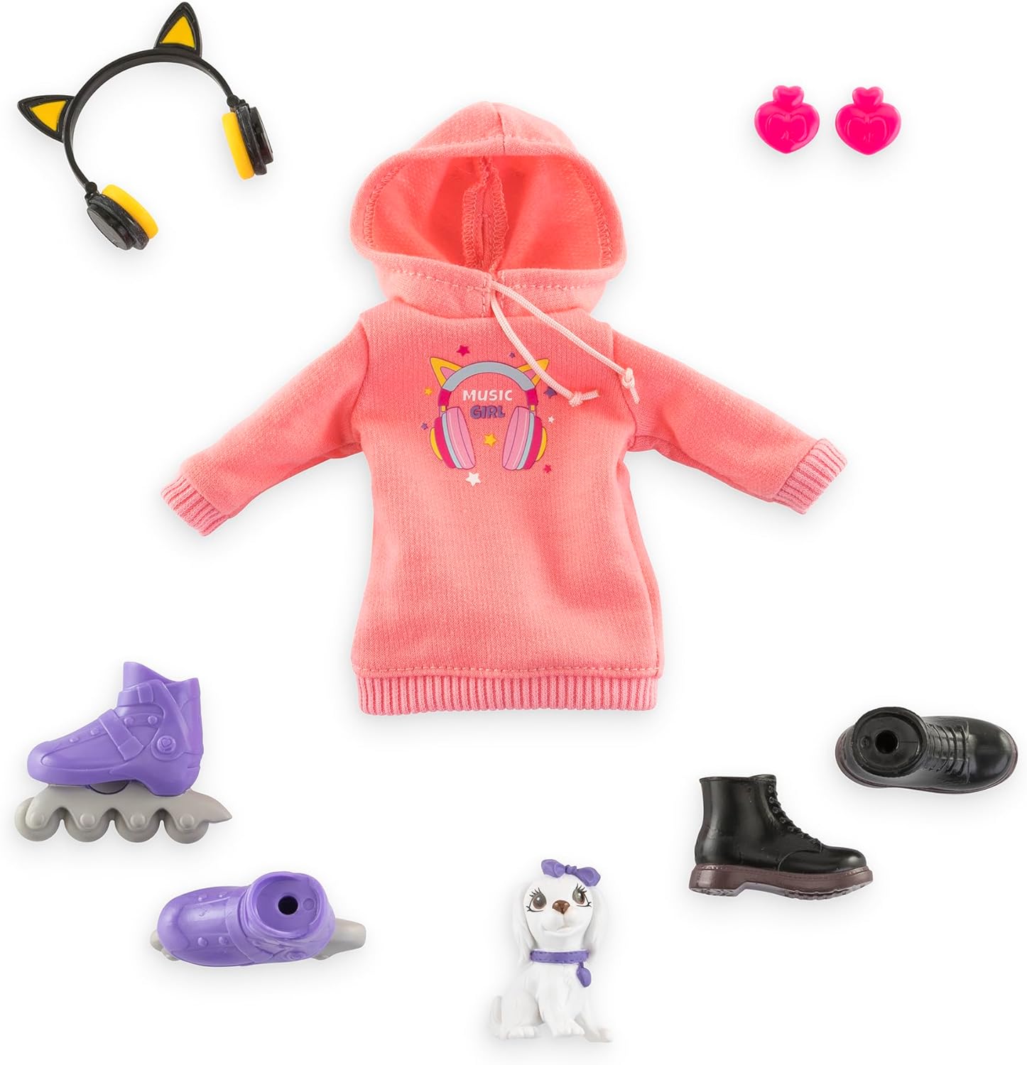 Corolle Girls Melody Music and Fashion Set, Dressing Doll in Cool Hoodie Dress with Dog, Trendy Headphones, Earrings and Extra Inline Skates, Vanilla Fragrance, 28 cm, from 4 Years