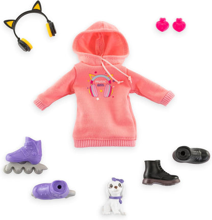 Corolle Girls Melody Music and Fashion Set, Dressing Doll in Cool Hoodie Dress with Dog, Trendy Headphones, Earrings and Extra Inline Skates, Vanilla Fragrance, 28 cm, from 4 Years