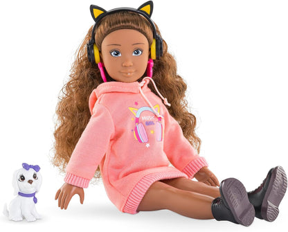 Corolle Girls Melody Music and Fashion Set, Dressing Doll in Cool Hoodie Dress with Dog, Trendy Headphones, Earrings and Extra Inline Skates, Vanilla Fragrance, 28 cm, from 4 Years