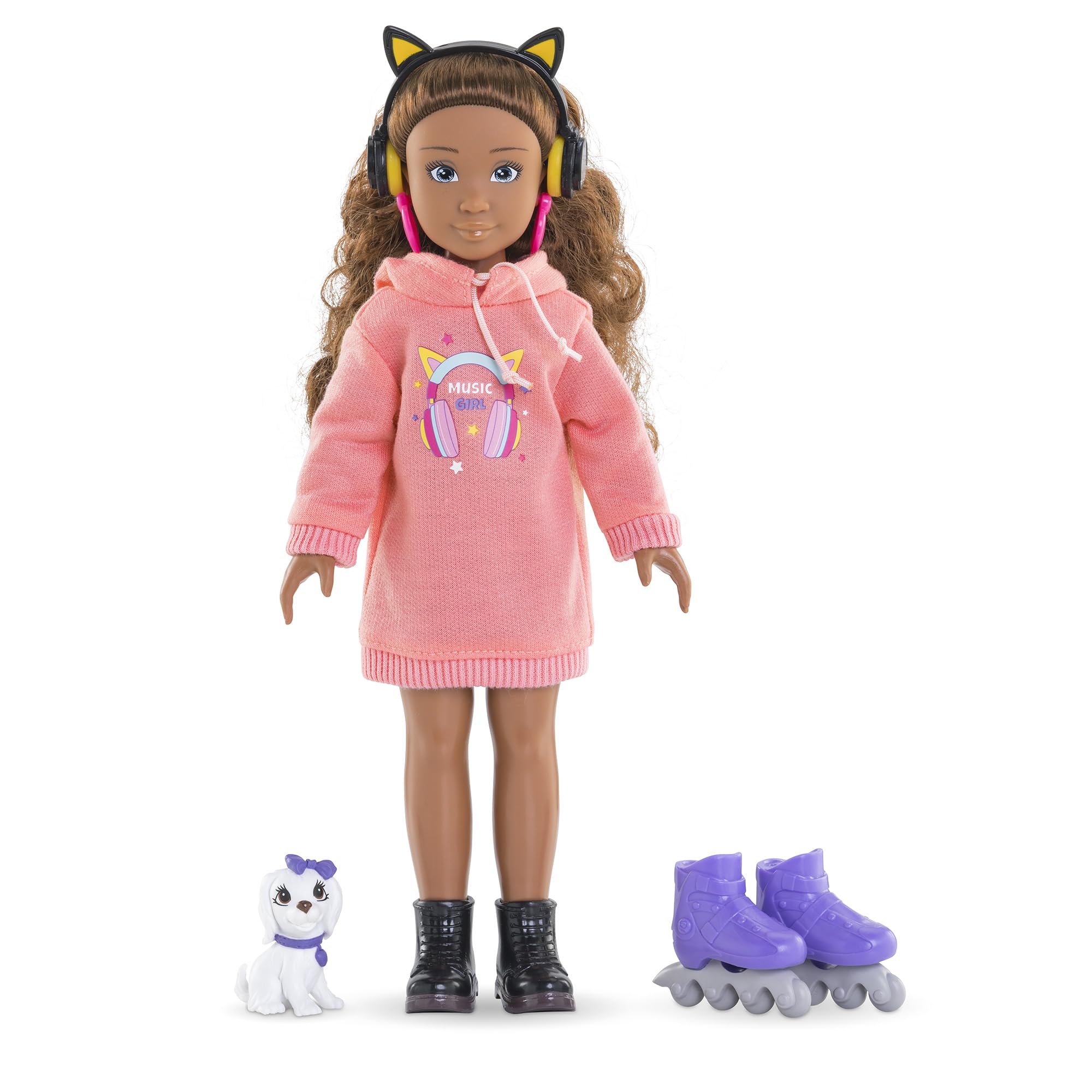 Corolle Girls Melody Music and Fashion Set, Dressing Doll in Cool Hoodie Dress with Dog, Trendy Headphones, Earrings and Extra Inline Skates, Vanilla Fragrance, 28 cm, from 4 Years