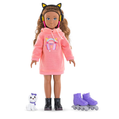 Corolle Girls Melody Music and Fashion Set, Dressing Doll in Cool Hoodie Dress with Dog, Trendy Headphones, Earrings and Extra Inline Skates, Vanilla Fragrance, 28 cm, from 4 Years
