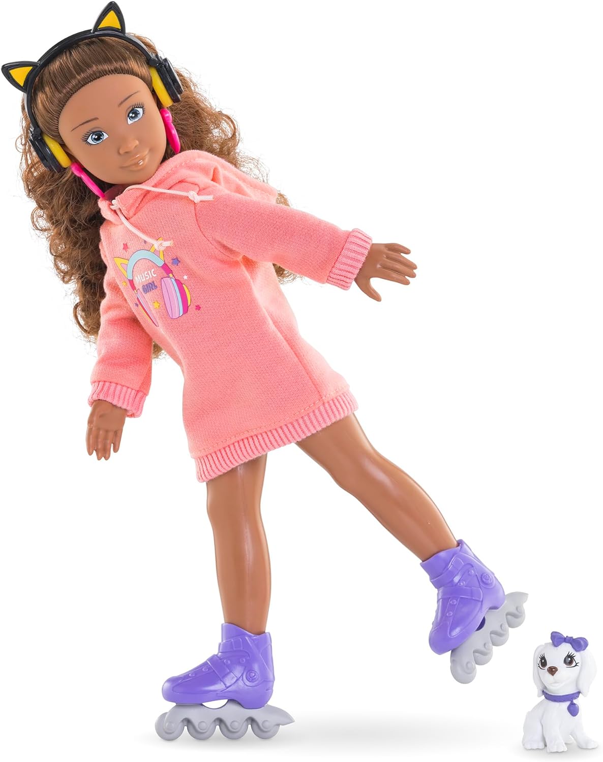 Corolle Girls Melody Music and Fashion Set, Dressing Doll in Cool Hoodie Dress with Dog, Trendy Headphones, Earrings and Extra Inline Skates, Vanilla Fragrance, 28 cm, from 4 Years
