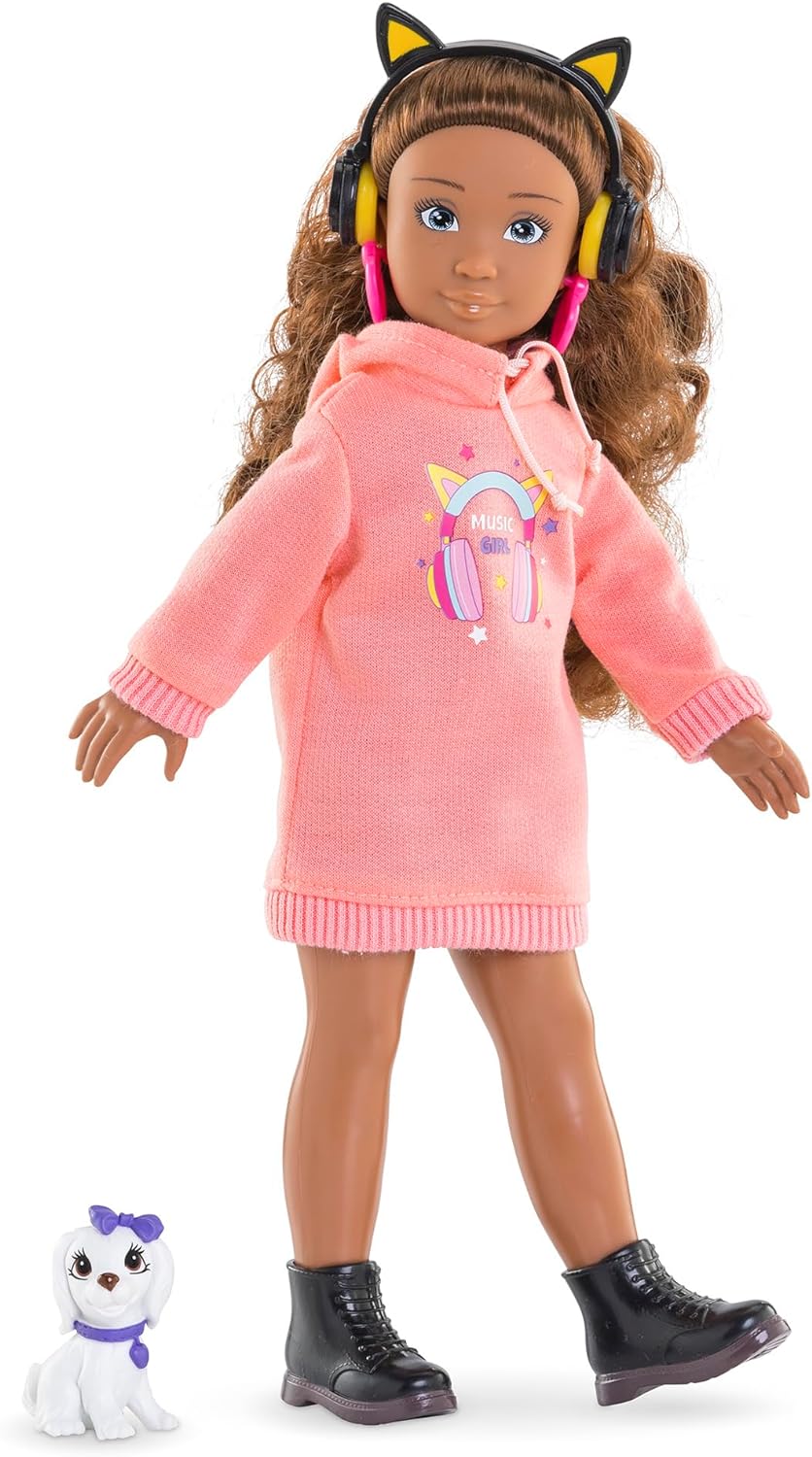 Corolle Girls Melody Music and Fashion Set, Dressing Doll in Cool Hoodie Dress with Dog, Trendy Headphones, Earrings and Extra Inline Skates, Vanilla Fragrance, 28 cm, from 4 Years