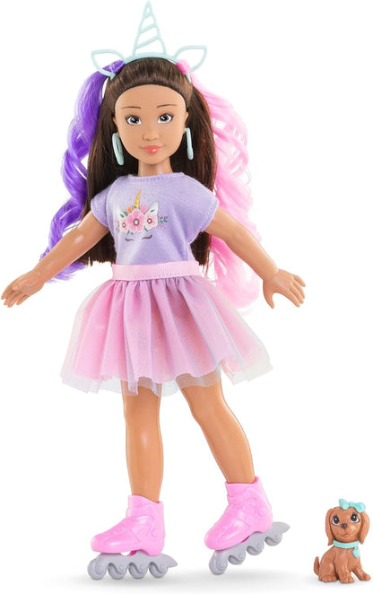 Corolle Girls Luna Unicorn Set, Dressing Doll with Dog, Unicorn Headband, Earrings and Extra Inline Skates, Vanilla Fragrance, 28 cm, from 4 Years