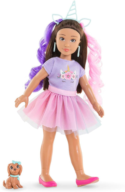 Corolle Girls Luna Unicorn Set, Dressing Doll with Dog, Unicorn Headband, Earrings and Extra Inline Skates, Vanilla Fragrance, 28 cm, from 4 Years