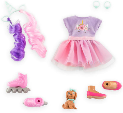 Corolle Girls Luna Unicorn Set, Dressing Doll with Dog, Unicorn Headband, Earrings and Extra Inline Skates, Vanilla Fragrance, 28 cm, from 4 Years