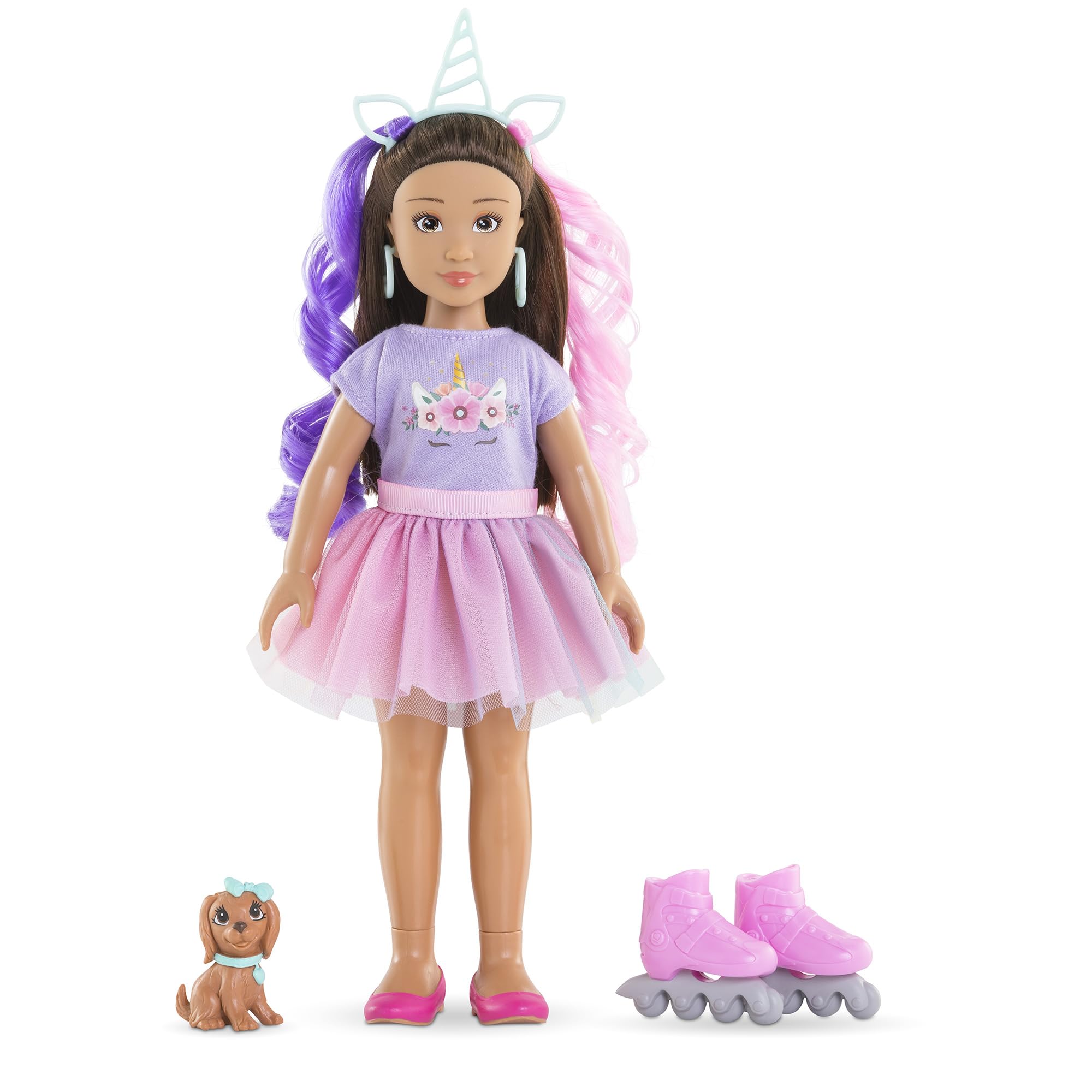 Corolle Girls Luna Unicorn Set, Dressing Doll with Dog, Unicorn Headband, Earrings and Extra Inline Skates, Vanilla Fragrance, 28 cm, from 4 Years