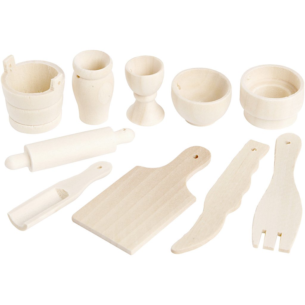 Mini Wooden Kitchen Tools, L: 40-60 mm, birch, 10pcs