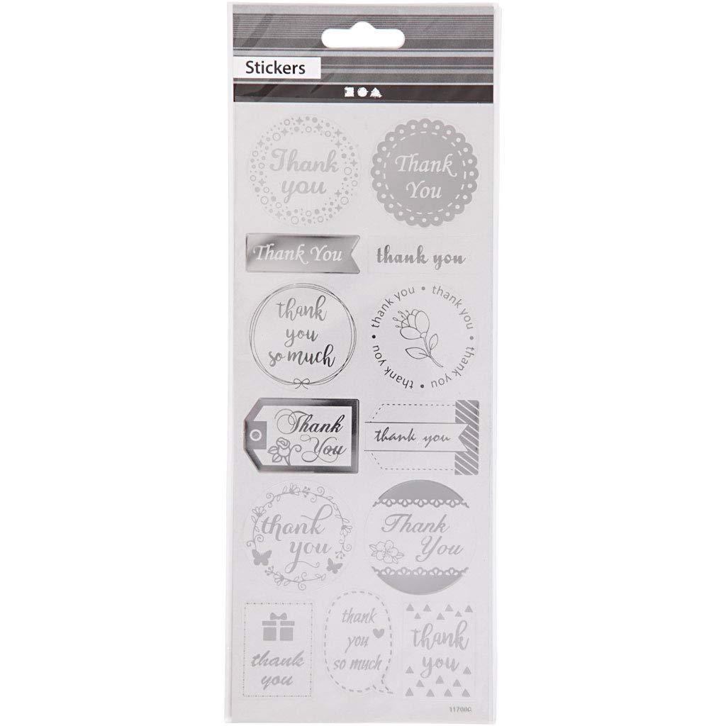 Stickers Thank You, sheet 10x24 cm, approx. 13 pc, silver, thank you, 1sheet