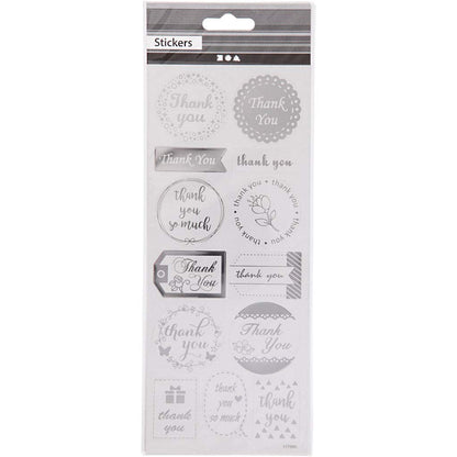 Stickers Thank You, sheet 10x24 cm, approx. 13 pc, silver, thank you, 1sheet