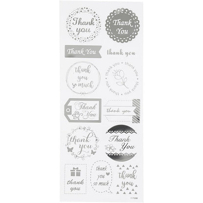 Stickers Thank You, sheet 10x24 cm, approx. 13 pc, silver, thank you, 1sheet