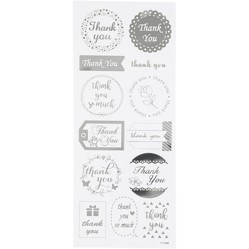 Stickers Thank You, sheet 10x24 cm, approx. 13 pc, silver, thank you, 1sheet