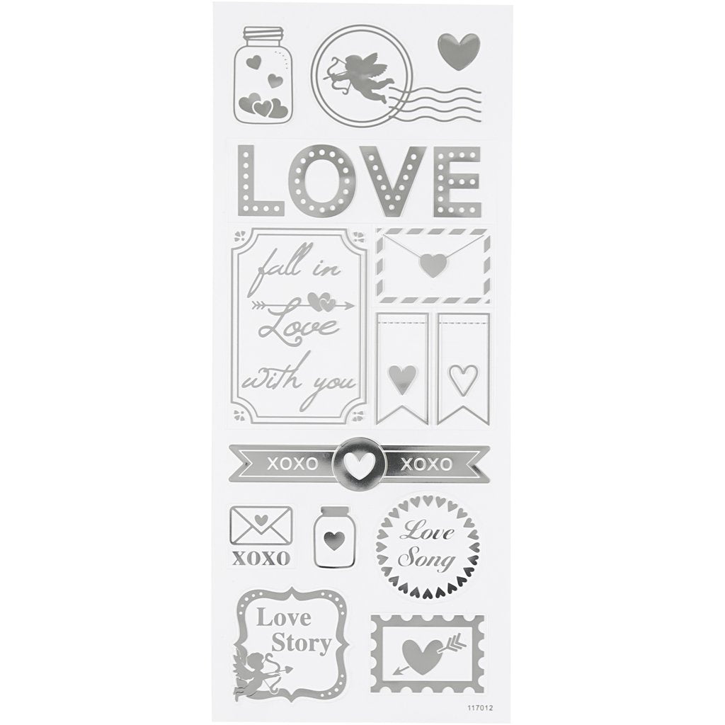 Stickers Love, sheet 10x24 cm, approx. 14 pc, silver, love, 1sheet