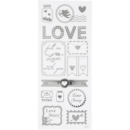 Stickers Love, sheet 10x24 cm, approx. 14 pc, silver, love, 1sheet
