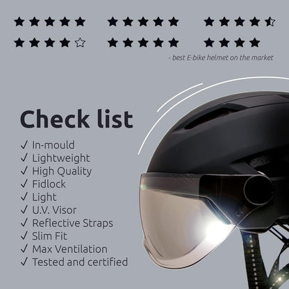 Fietshelm met vizier en knipperlicht, unisex, voor dames en heren, voor e-bike, mountainbike en stadsfiets, Duits Fidlock-magneetsluiting voor makkelijk op en af doen, ledlampje voor optimale veilighe
