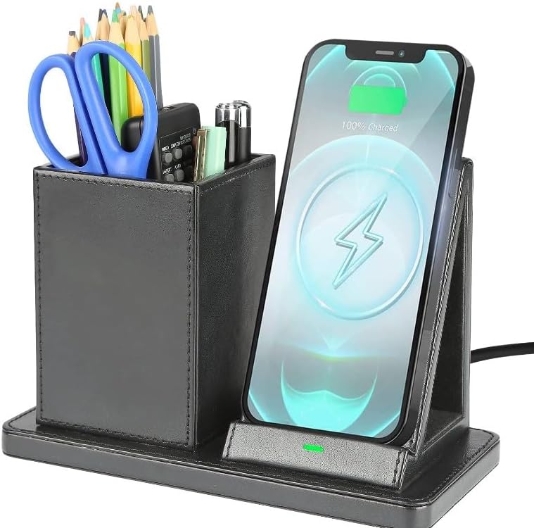 Deflecto Wireless Charging Desk Organiser - Black - Pen Holder Desk Tidy Wireless Charging Station - Wireless Charger for iPhone - Wireless Charger Samsung - QI Certified Wireless Phone Charger Stand
