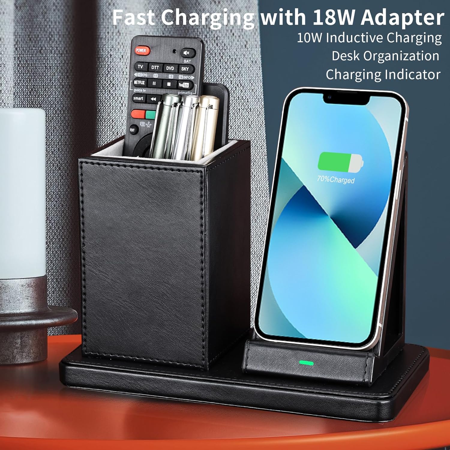 Deflecto Wireless Charging Desk Organiser - Black - Pen Holder Desk Tidy Wireless Charging Station - Wireless Charger for iPhone - Wireless Charger Samsung - QI Certified Wireless Phone Charger Stand