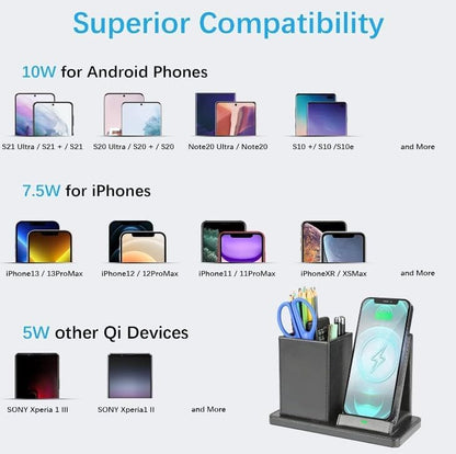 Deflecto Wireless Charging Desk Organiser - Black - Pen Holder Desk Tidy Wireless Charging Station - Wireless Charger for iPhone - Wireless Charger Samsung - QI Certified Wireless Phone Charger Stand