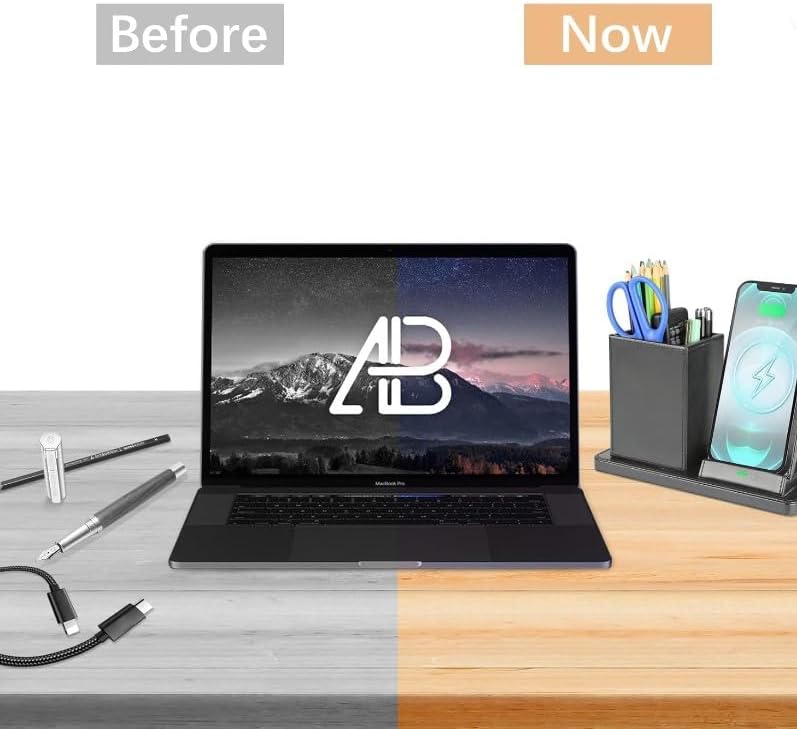 Deflecto Wireless Charging Desk Organiser - Black - Pen Holder Desk Tidy Wireless Charging Station - Wireless Charger for iPhone - Wireless Charger Samsung - QI Certified Wireless Phone Charger Stand
