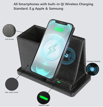 Deflecto Wireless Charging Desk Organiser - Black - Pen Holder Desk Tidy Wireless Charging Station - Wireless Charger for iPhone - Wireless Charger Samsung - QI Certified Wireless Phone Charger Stand