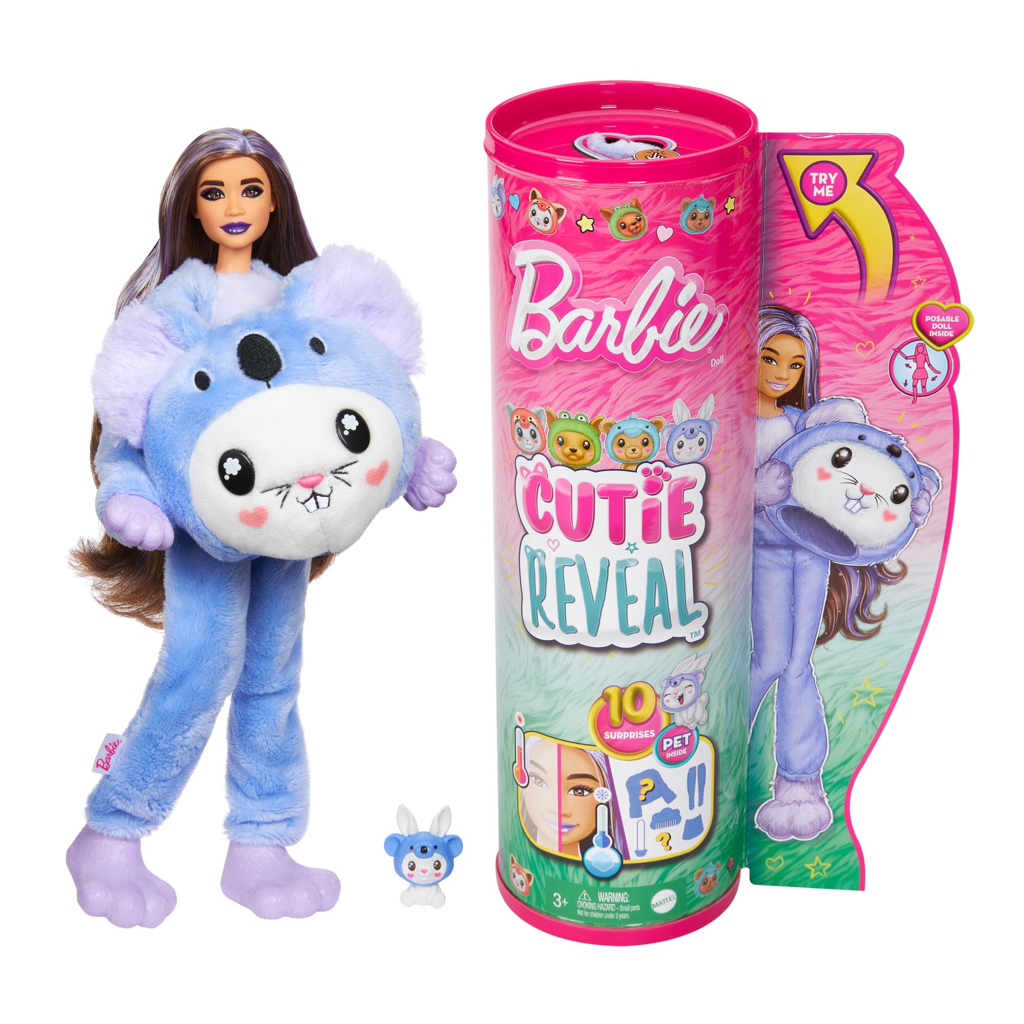 Barbie Cutie Reveal Doll & Accessories with Animal Plush Costume & 10 Surprises Including Color Change, Bunny as a Koala in Costume-Themed Series, HRK26