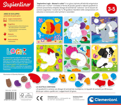 Clementoni - Sapientino Logic Farben-Illustrate, Verband, Karten zum Pairing, Flashcards Zahlen und Tiere, Lernspiel 4 Jahre, Italienisch, Made in Italy, Mehrfarbig, 16463