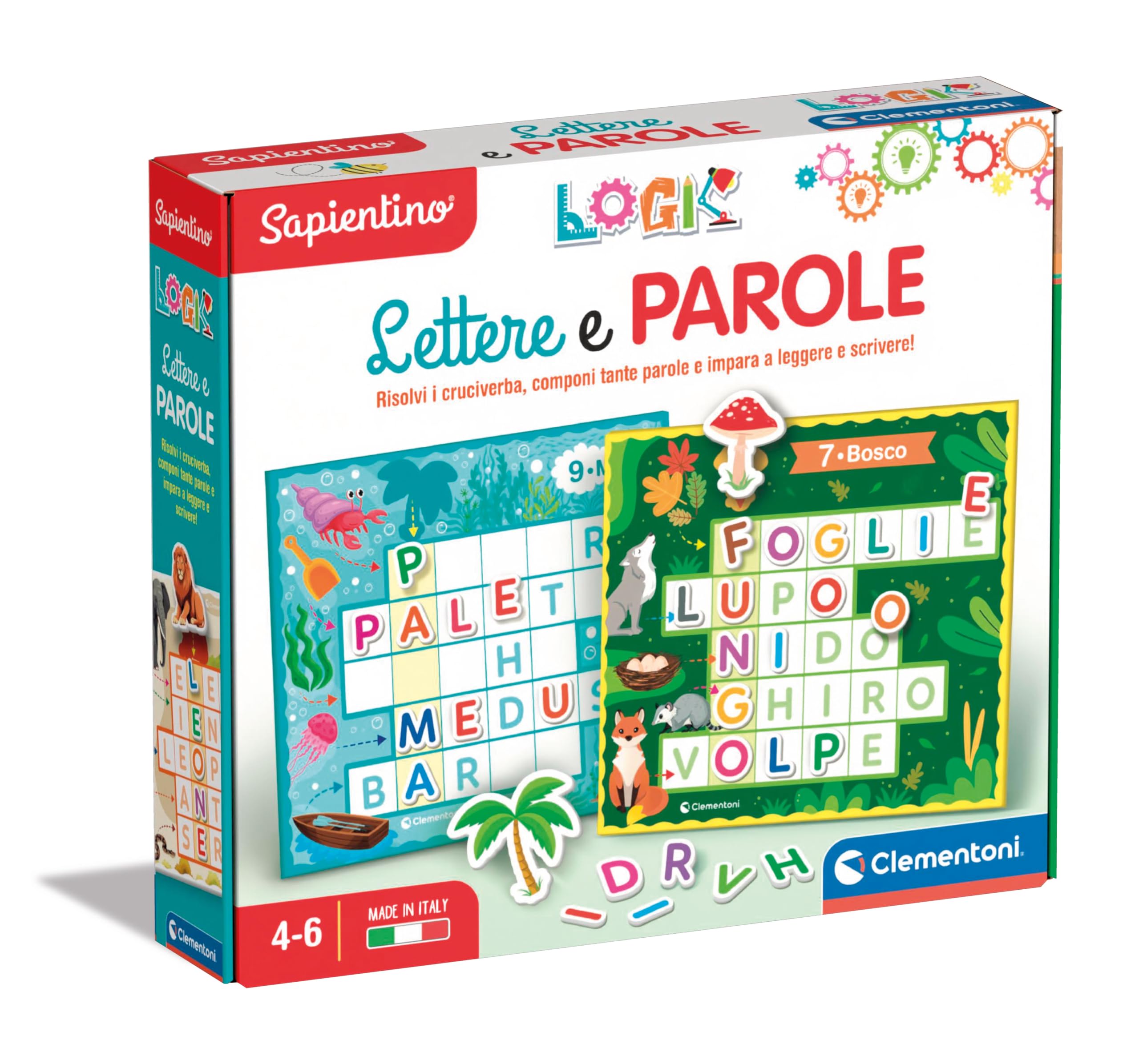 Clementoni - Sapientino Logic Words Association, Crossword Puzzle with Letters, Illustrated Cards, Flashcards Letters, Educational Game 4 Years, in Italian, Made in Italy, Multi-Colour, 16464