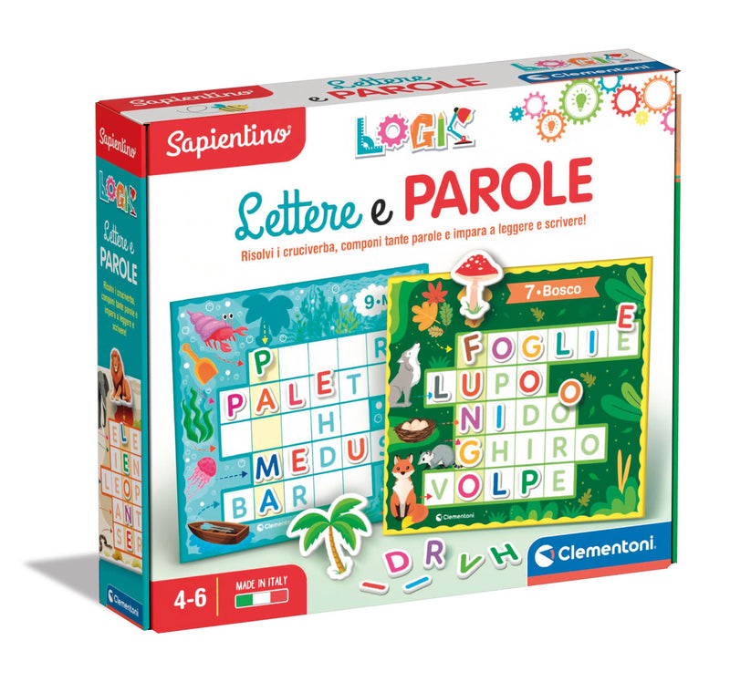 Clementoni - Sapientino Logic Words Association, Crossword Puzzle with Letters, Illustrated Cards, Flashcards Letters, Educational Game 4 Years, in Italian, Made in Italy, Multi-Colour, 16464