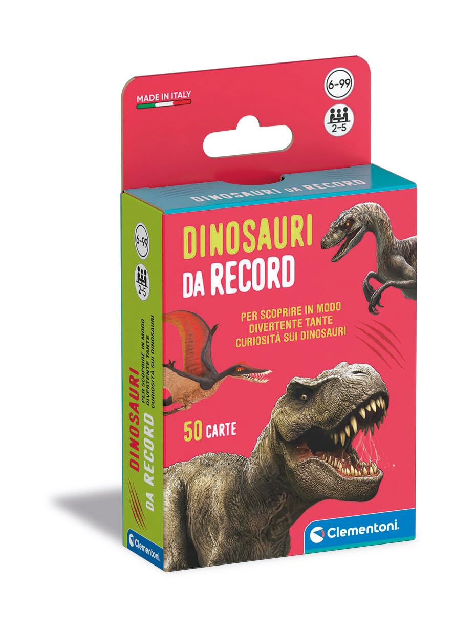Clementoni - Record Dinosaurs, Deck of 50 Cards to Discover Curiosities about Prehistoric Animals, for Children 6+ Years and the Whole Family, 2-5 Players, Made in Italy, Italian Language, 16808