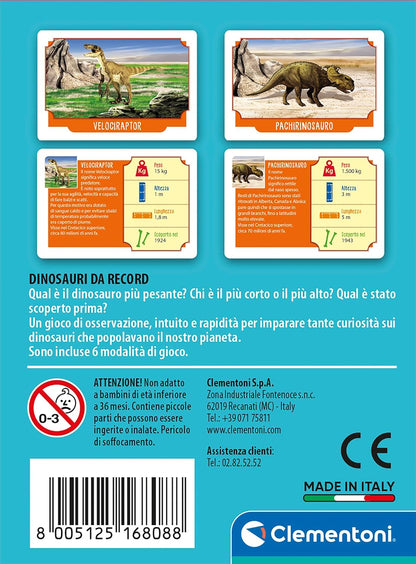 Clementoni - Record Dinosaurs, Deck of 50 Cards to Discover Curiosities about Prehistoric Animals, for Children 6+ Years and the Whole Family, 2-5 Players, Made in Italy, Italian Language, 16808