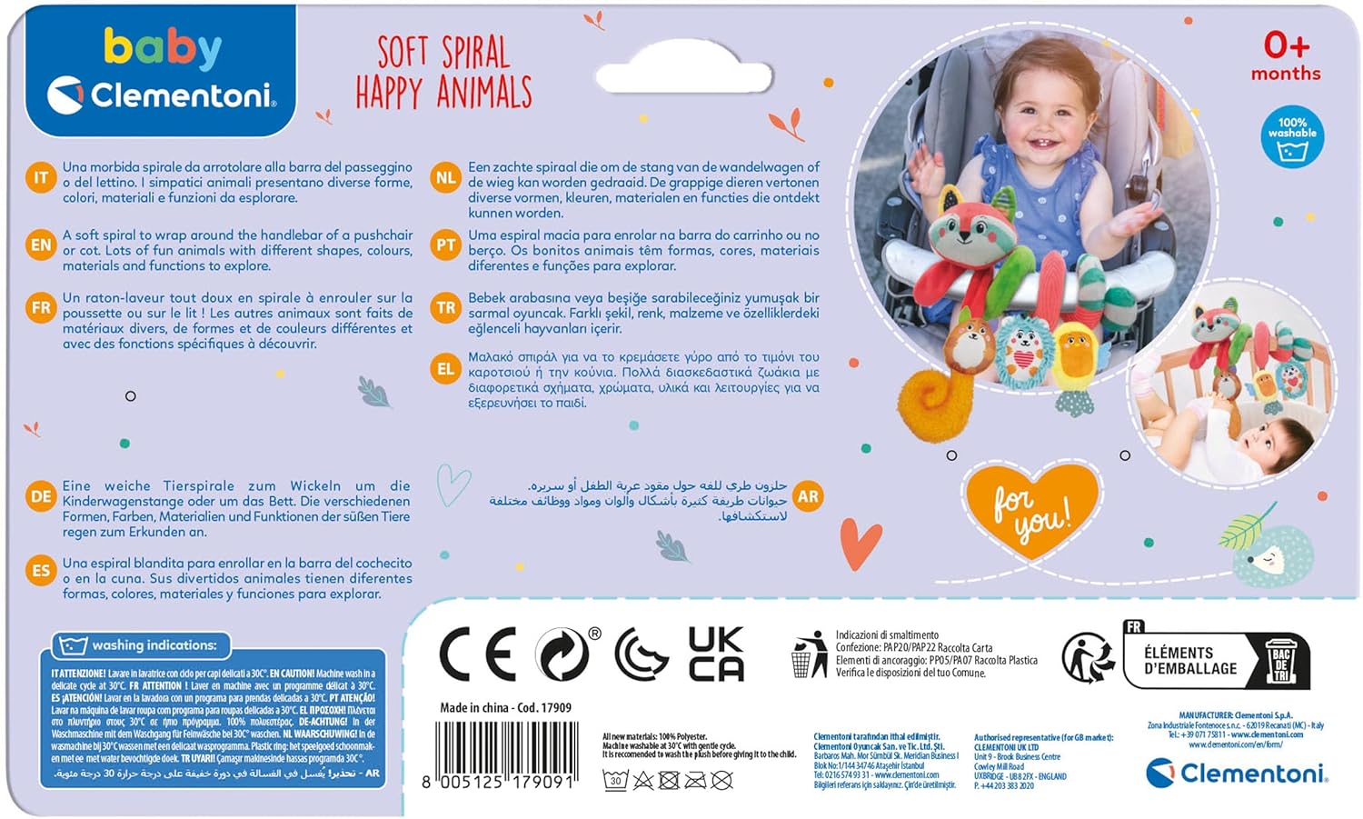Clementoni Baby Infant Toys - Spiral Happy Animals - New Born Gift, Early Development & Activity Toys, Pushchair Stroller & Pram Toys, Sensory Learning Toys, Toddler 0 Months, Early Years Toys, 17909