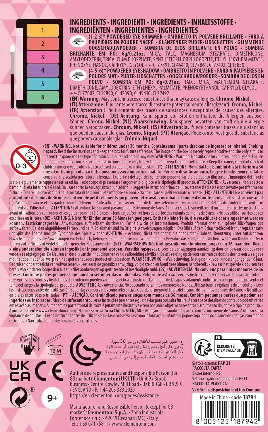 Clementoni - Set Trucchi Bambina Crazy Chic Teen - Eyeshadow: Tropical Vibe, Trousse Ombretti Sicuri e Anallergici, Bambine 9 Anni, Facilmente Lavabile con Acqua, 18794