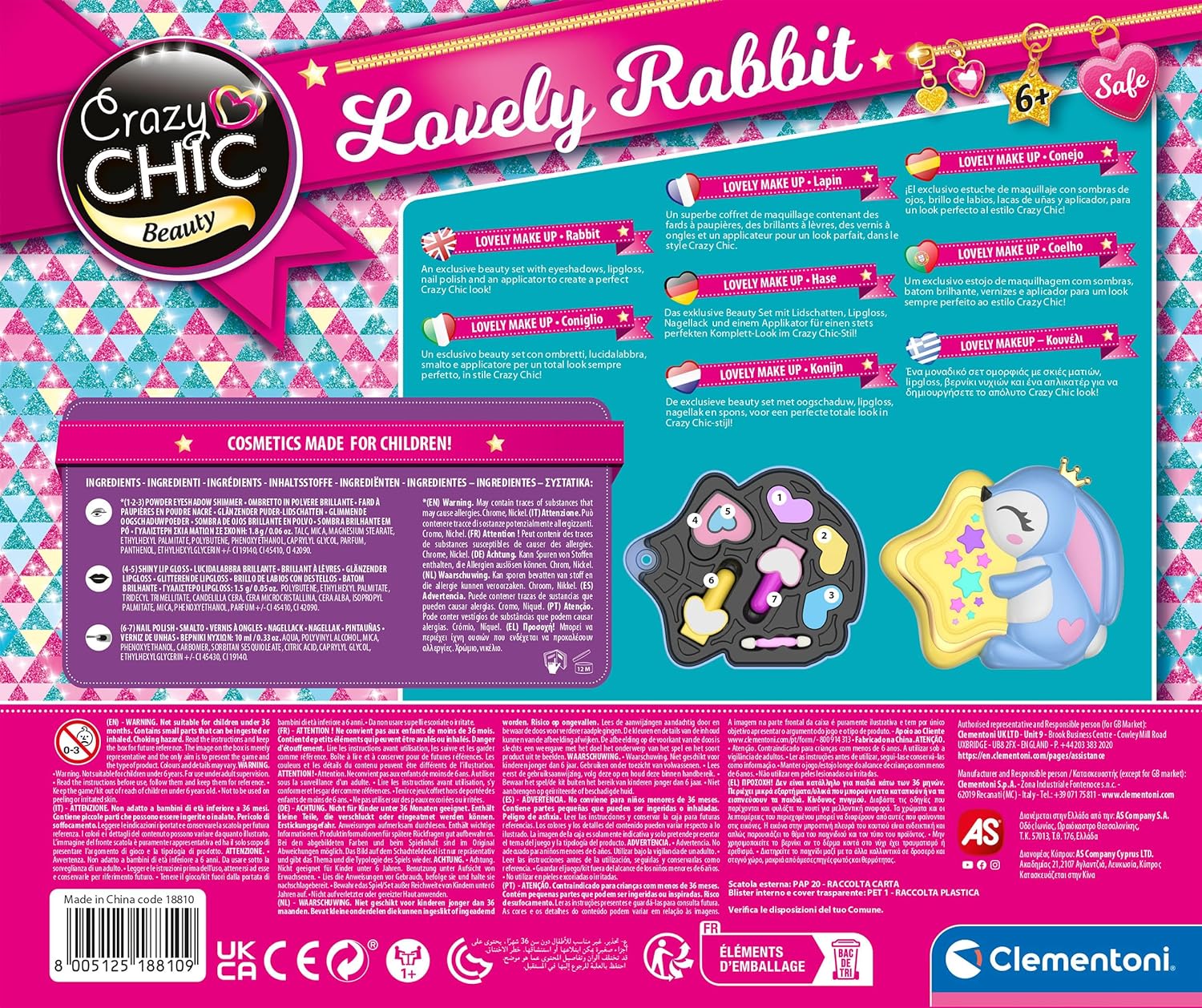 Clementoni Crazy Chic-Lovely Makeup Rabbit-Children Sets, Cosmetics for Teenager, Make Age 6, Creative Gift for Girls, Washable, 18810, Multicolour