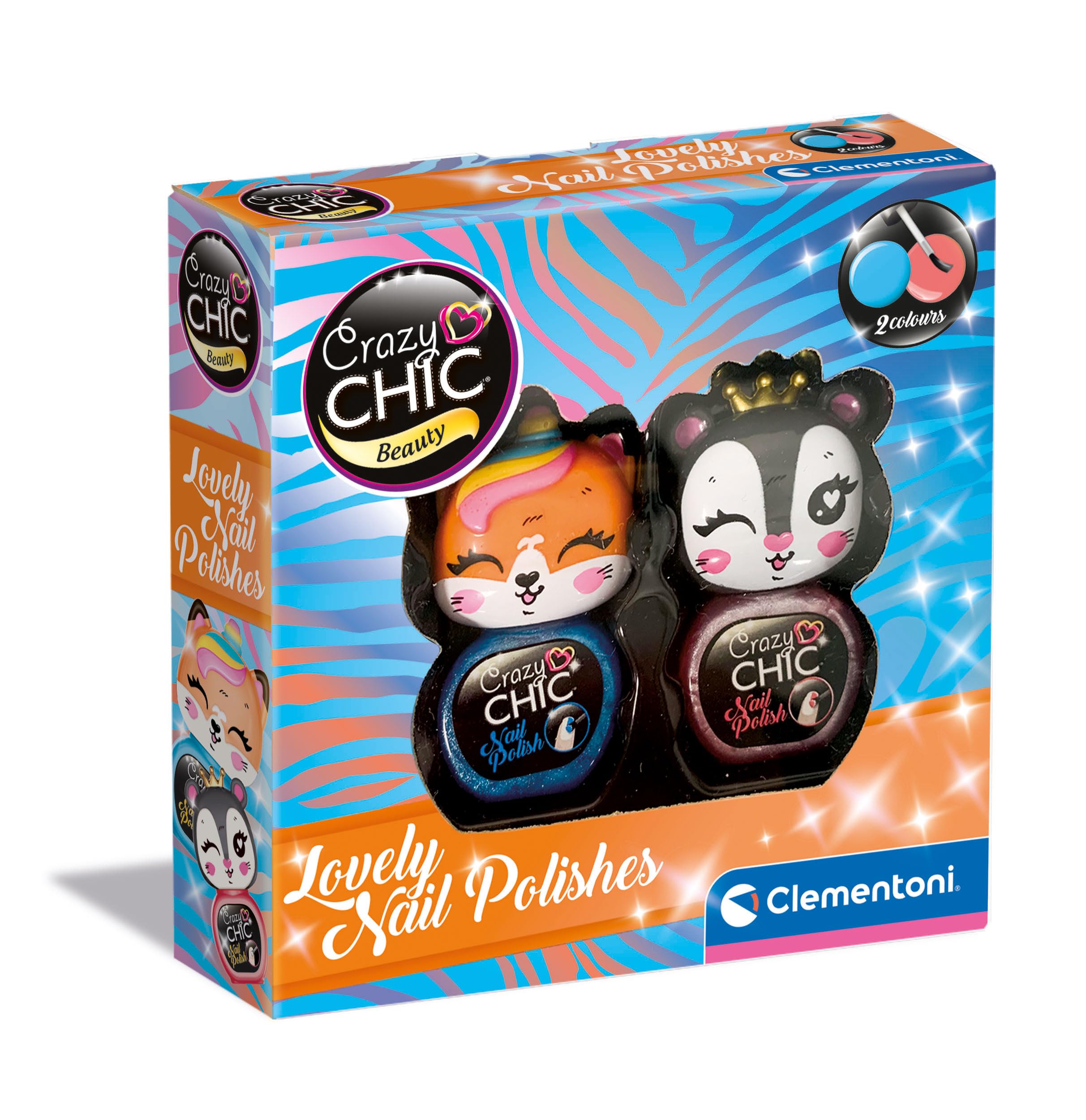 Clementoni - Crazy Chic-Lovely Nail Polishes: Panther & Fuchs Set, 2 kleurrijke nagellak voor meisjes 6 jaar, nageldecoratie, niet giftig, op waterbasis, verwijderbaar zonder aceton, meerkleurig
