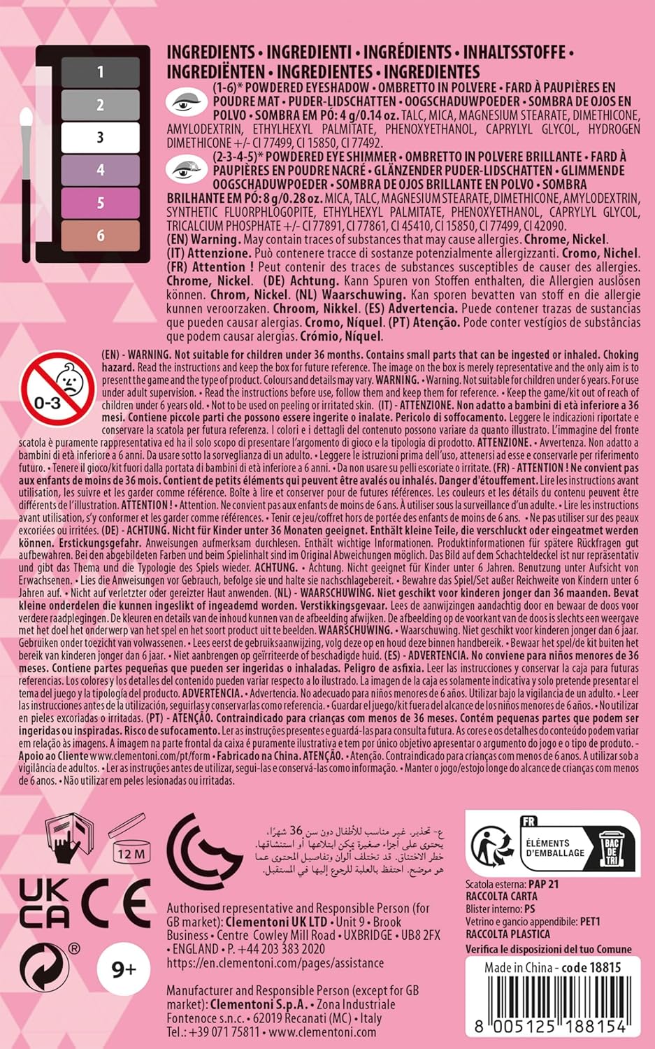 Clementoni Crazy Chic - Makeup Party Queen Eyes, Trucchi per Bambine 9+ Anni, Trousse Portatile con Ombretti Lavabili con Acqua e Applicatore, Idea Regalo per Adolescenti, 18815