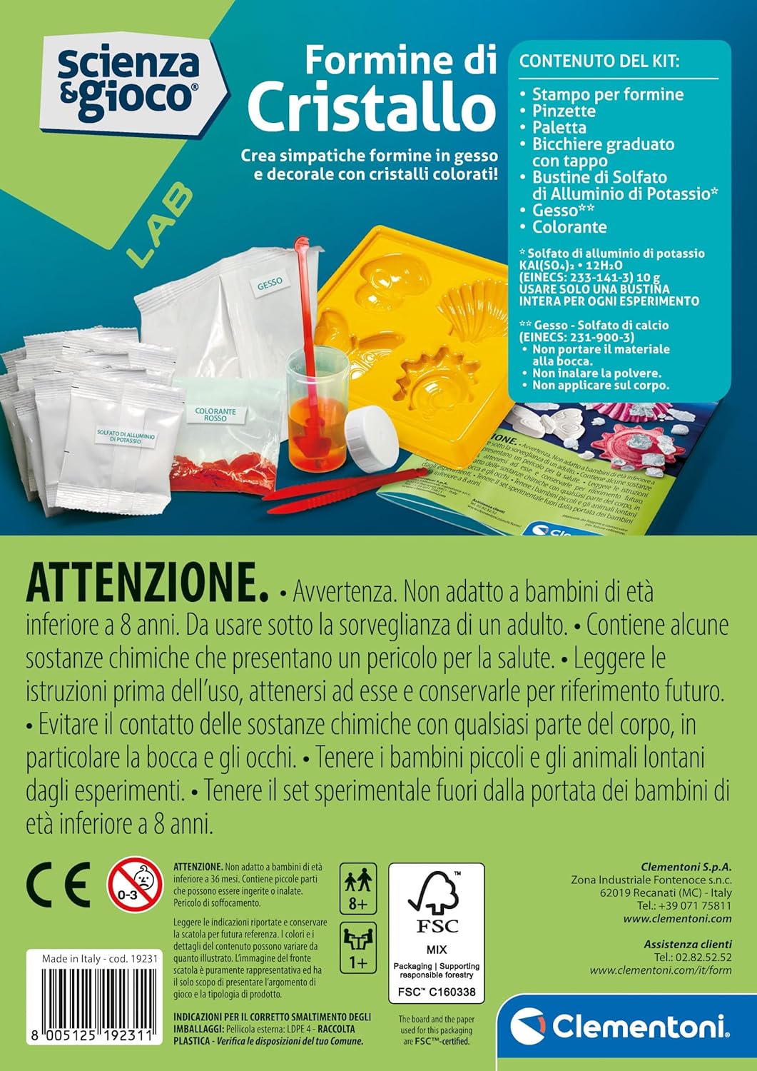 Clementoni Lab-Formine Set, Laboratorio Cristalli, Experiments Science, Geology, Mineralogy, Scientific Game 8 Years, in Italian, Made in Italy, Multicoloured, 19231